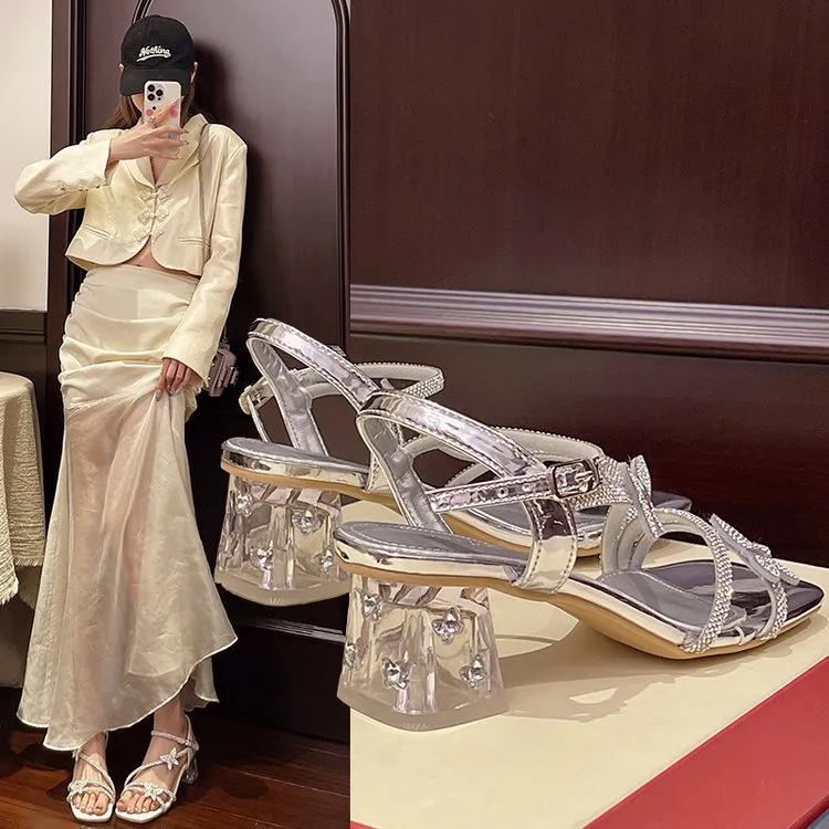 银色高跟凉鞋女2025夏季配裙子仙女风蝴蝶结方头露趾透明粗跟凉鞋