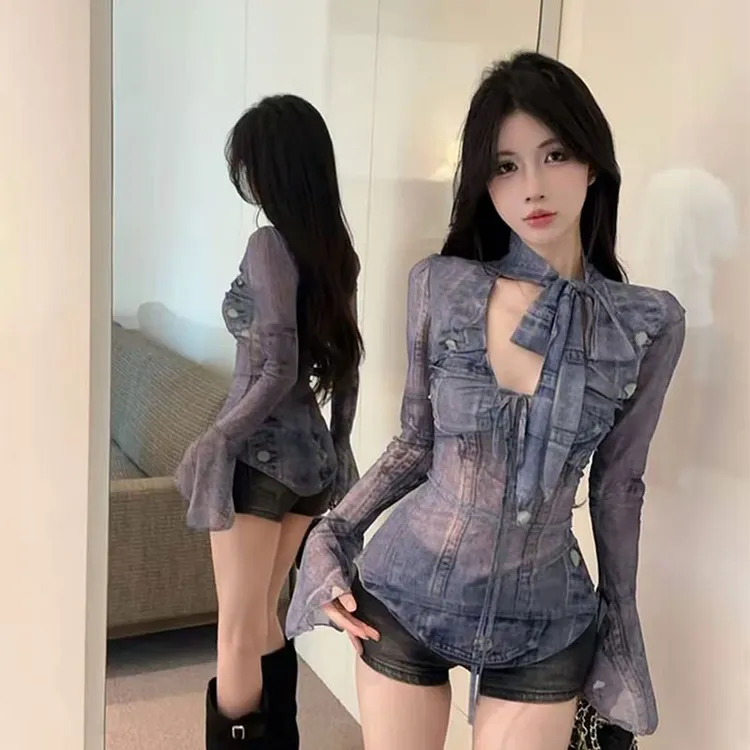 V领不规则网纱长袖罩衫女夏季新款修身显瘦防晒T恤百搭短裤两件套
