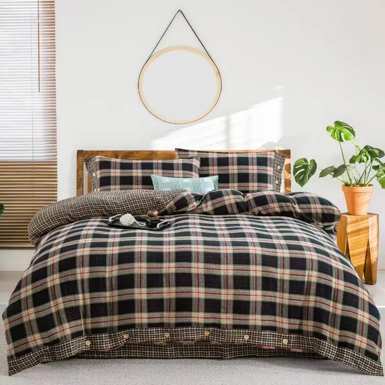 母婴类简约纯棉双层纱四件套格子条纹全棉纯棉100%全棉纽扣四件套