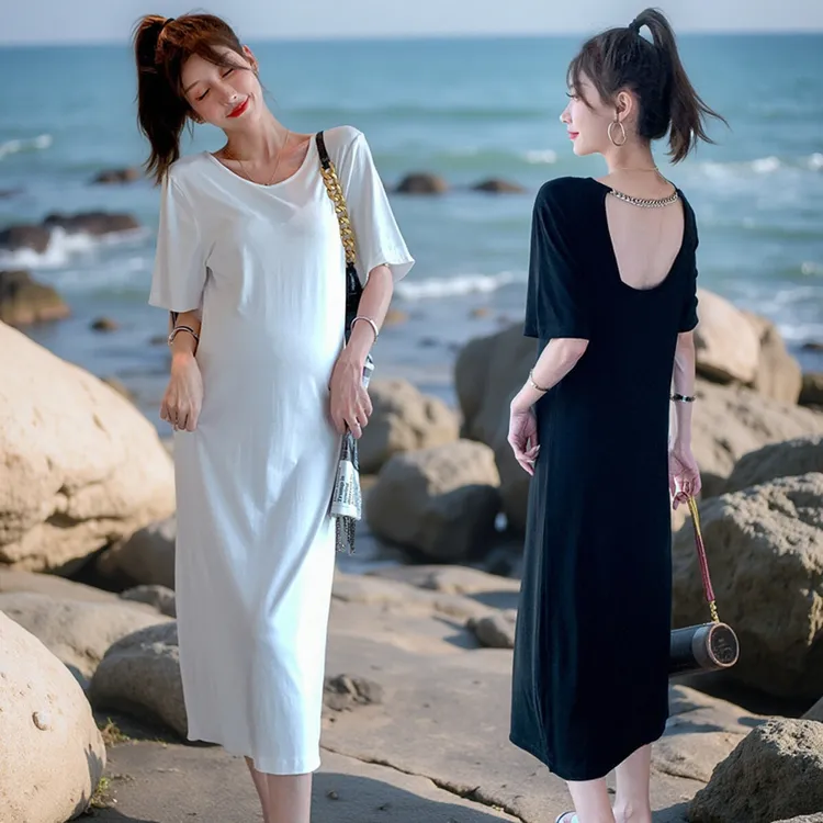 孕妇装夏季2025新款高级感简约孕妇裙宽松中长款时尚短袖连衣裙