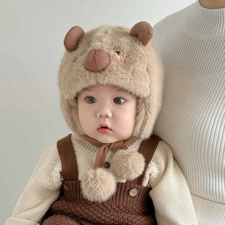 宝宝帽子秋冬季毛绒帽男女婴幼儿可爱小熊护耳帽冬天保暖加厚套头