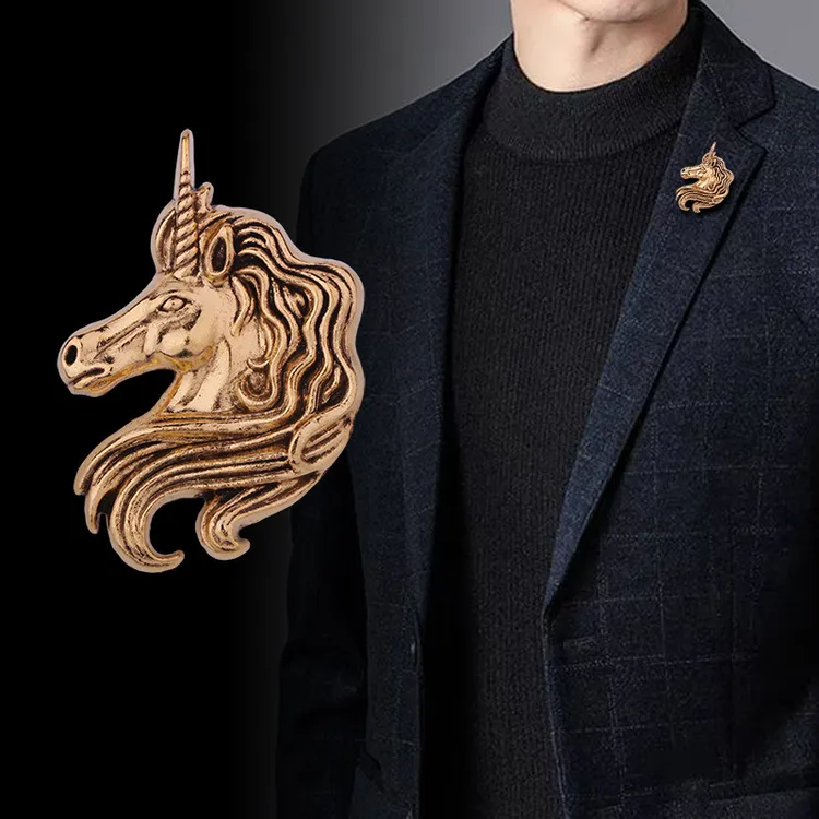 独角兽胸针欧美复古动物高档胸花时尚别针男士学院风外套配饰徽章