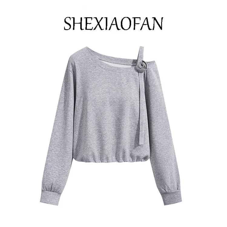 美式辣妹露肩长袖灰色卫衣女2025早秋设计感宽松心机气质套头上衣