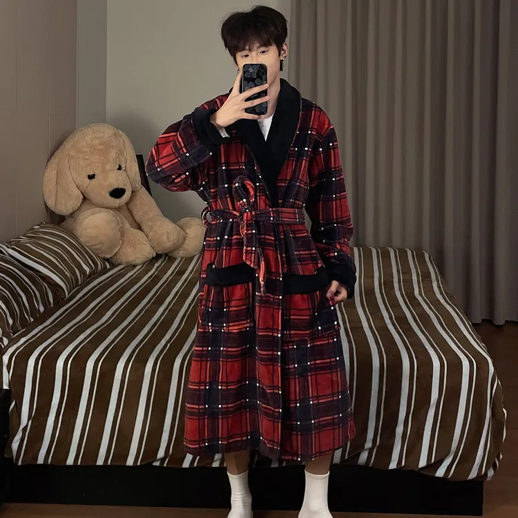 加绒男加厚法兰绒睡袍男秋冬季条纹中长款冬天保暖晨袍睡衣家居服