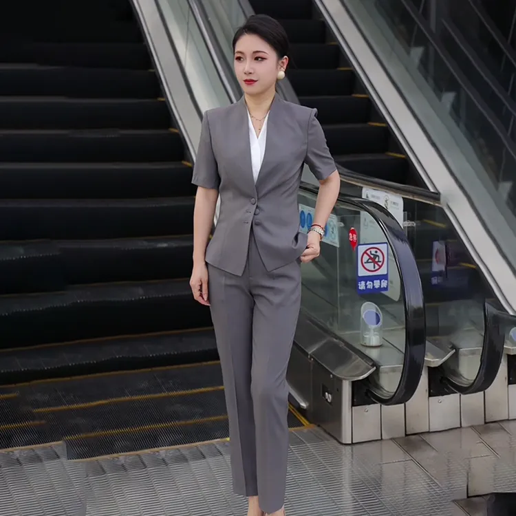 职业西装套装女夏季薄款短袖深灰色职业装时尚