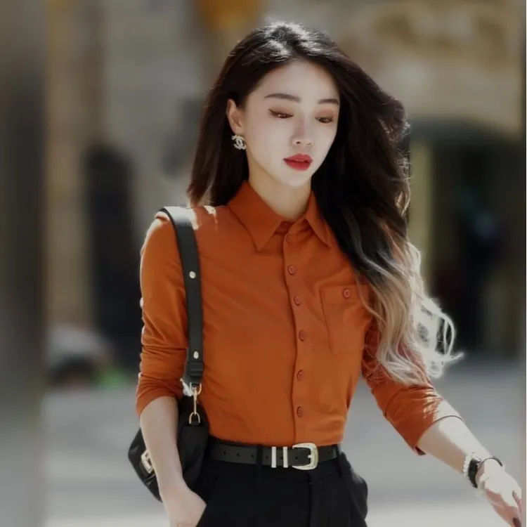 哥弟阿玛施正品经典口袋百搭简约显瘦纯色新款长袖衬衫休闲衬衣女