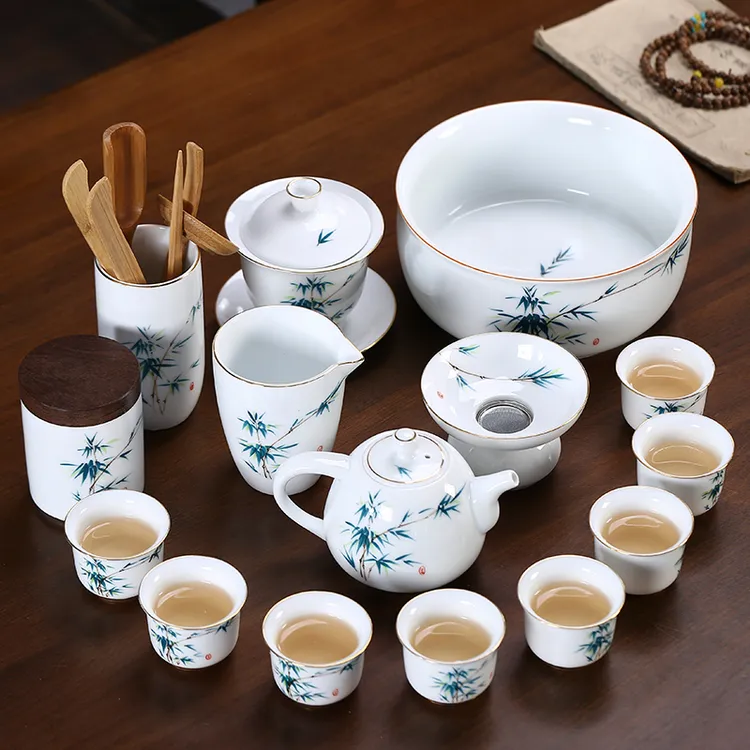 简约轻奢手绘描金釉下彩陶瓷功夫茶具套装办公会客茶具整套送礼盒