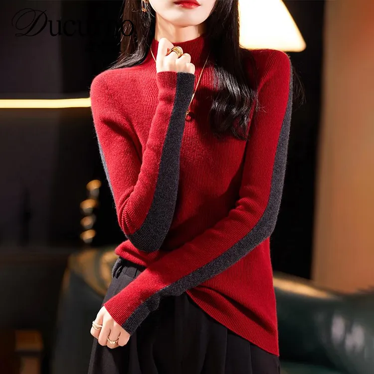 秋冬半高领拼色女针织抽条羊毛衫修身显瘦两面穿洋气毛衣潮上衣