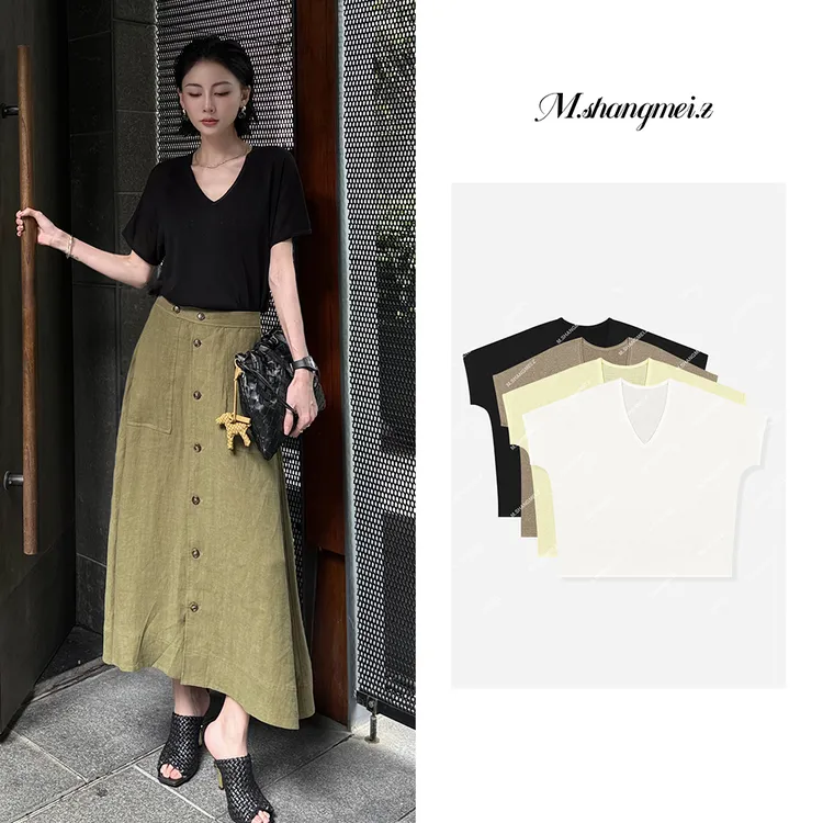 M.SHANGMEI.Z/沐熙【蝙蝠衫】美大哥立裁简约高级透气v领T恤X052560