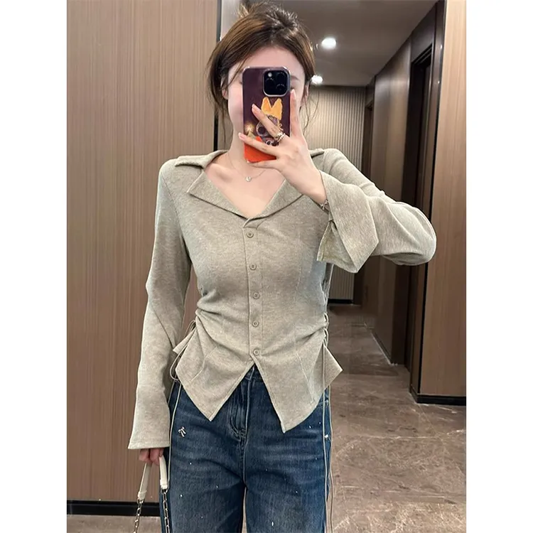 大码设计感翻领坑条长袖针织衫女早秋新款胖mm遮肚收腰显瘦小上衣