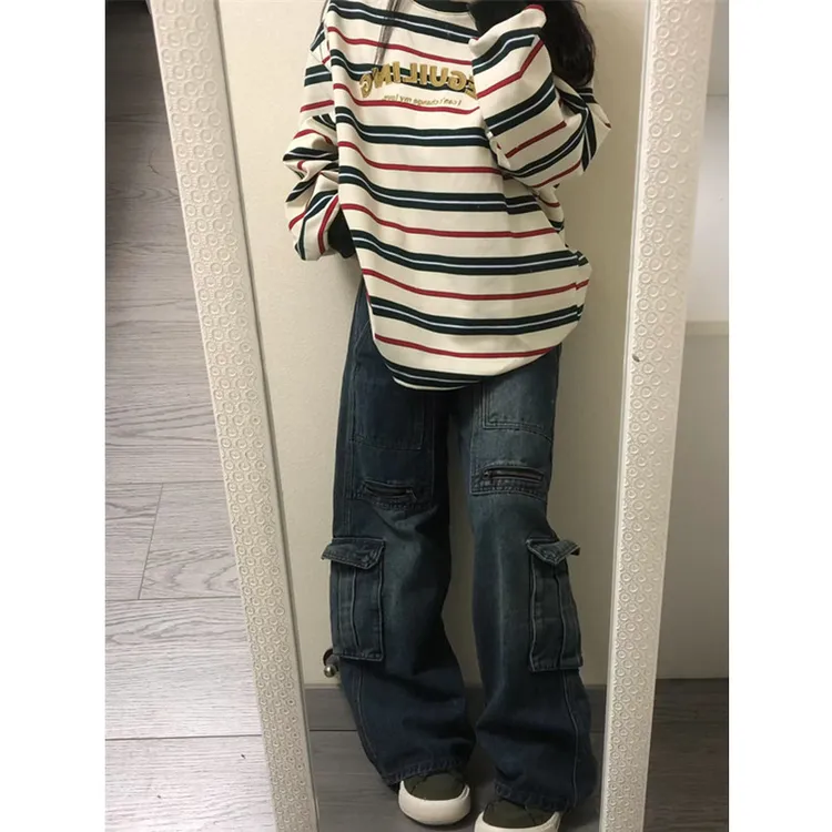 美式复古水洗工装牛仔裤女秋冬新款辣妹高腰宽松显瘦百搭直筒裤子