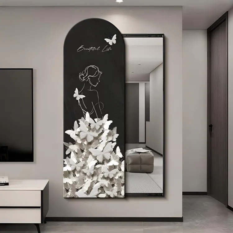 高级感可推拉全身镜隐藏式穿衣镜隐形装饰画人物暗藏式玄关镜子画