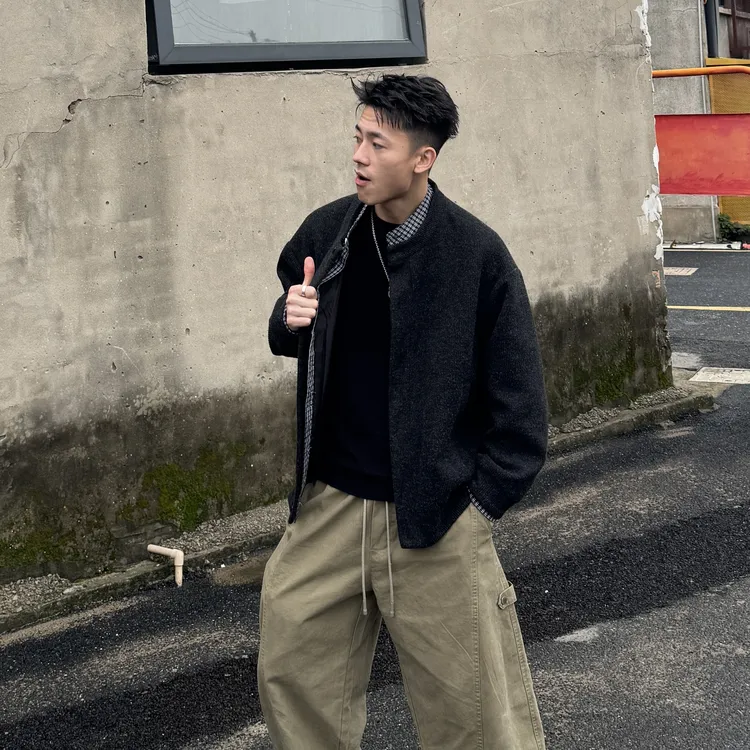 AAL秋冬季日系休闲圆领假两件拼接衬衫长袖毛衣情侣针织开衫外套