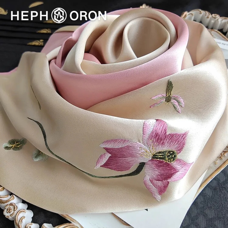 HEPHSORON苏绣丝巾礼盒送妈妈绿色刺绣百搭高级感桑蚕丝真丝围巾
