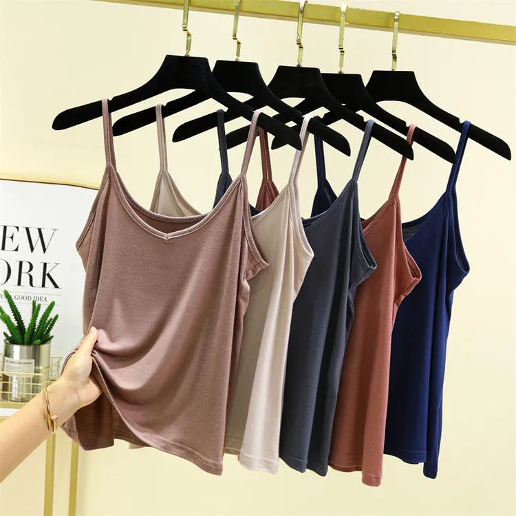 粘胶纤维莫代尔V领夏季新款一体宽肩螺纹V领吊带背心女夏外穿打底