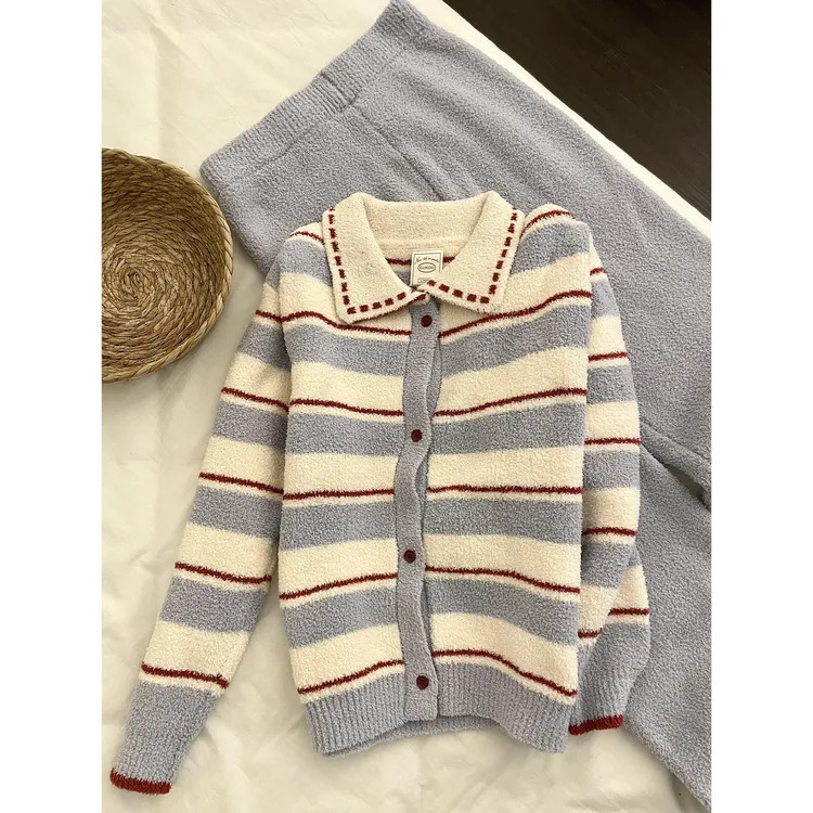 韩系撞色条纹针织简约毛衣半边绒睡衣女秋冬季新款宽松家居服套装