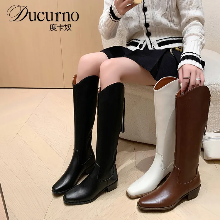 DUCURNO简约后拉链粗跟骑士靴女V口方头不过膝长筒靴显腿直瘦瘦靴