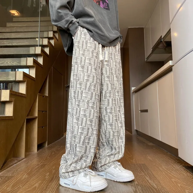 个性扎染休闲裤男春秋冬季加绒加厚潮牌阔腿格纹长裤宽松直筒裤子