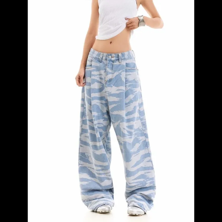 美式复古水洗波浪纹迷彩牛仔裤男女宽松休闲裤百搭个性拖地长裤潮