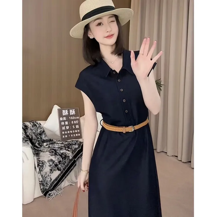 【赠运费险】软牛仔法式高级感polo领短袖时尚连衣裙＋腰带两件套