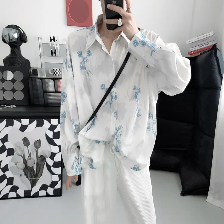 水墨铃兰花纹衬衫男夏季长袖潮小众休闲宽松衬衣