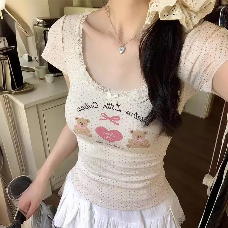 小熊恋曲温柔氛围感柔软蕾丝波点短袖纯欲甜美t恤女修身显瘦上衣