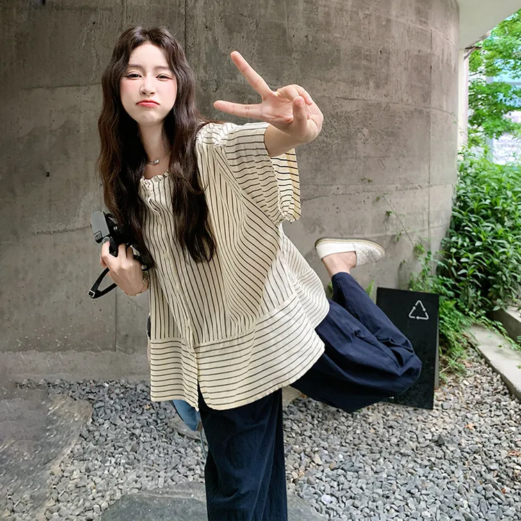 条纹衬衫阔腿裤套装女2025夏季新款宽松设计感休闲减龄时尚两件套