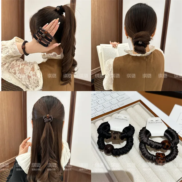 简约豹纹头绳女气质丸子头扎头发皮筋高弹力马尾发绳小肠发圈头饰