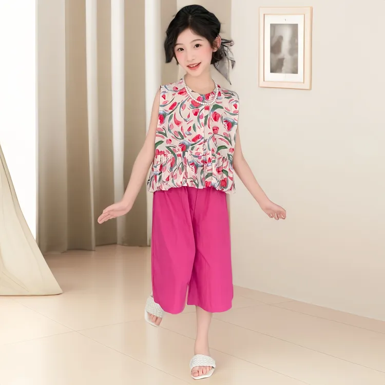 儿童女夏装套装女孩女童休闲碎花印花无袖长裤时尚宽松舒适两件套