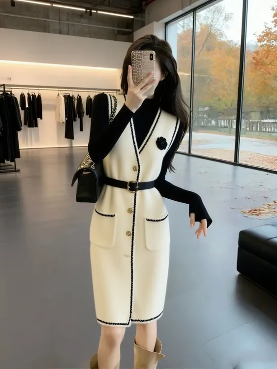 白色针织背心连衣裙冬高端时髦洋气叠穿巨好看掐腰法式小香风裙子