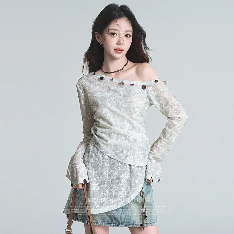 拉夏贝尔海边度假风辣妹斜肩防晒小衫女2025不规则气质衬衫上衣夏
