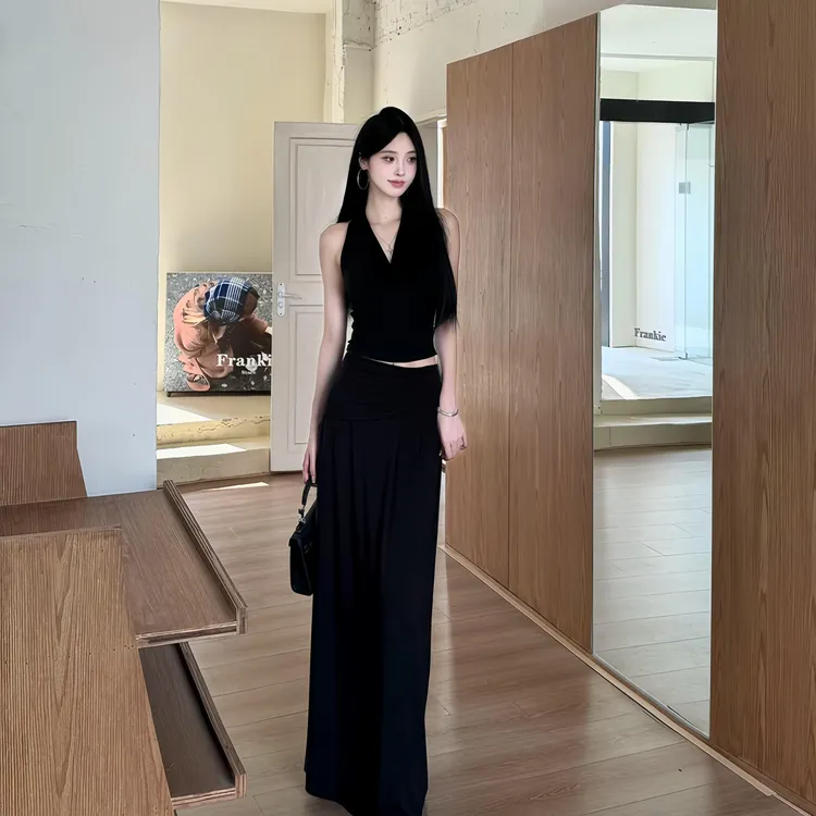 辣妹性感领扭结褶皱上衣夏季新款设计感高腰显瘦半身裙两件套装