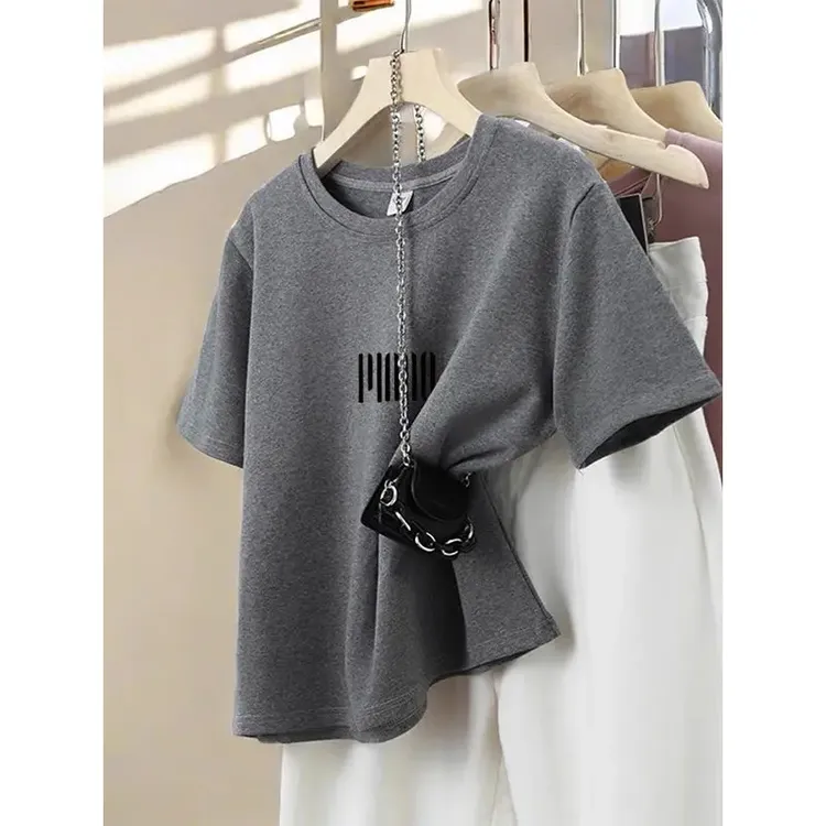 磨毛灰色短袖t恤女装衣服2025新款爆款加厚款打底衫上衣春夏秋季