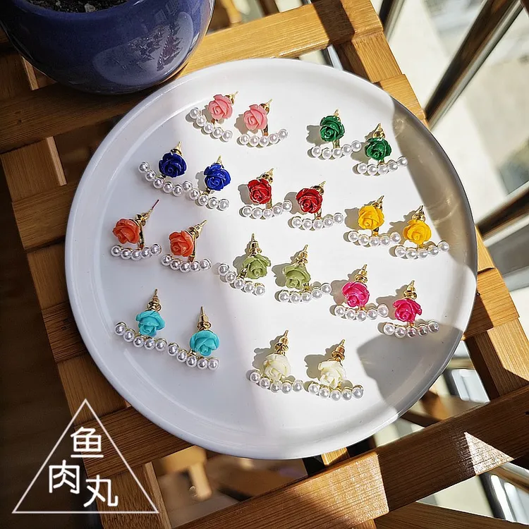 合金仿珍珠耳饰 多巴胺彩色小清新可爱气质玫瑰花朵两戴珍珠耳钉