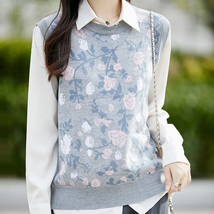 纯羊毛秋冬新款提花圆领马甲百搭宽松套头坎肩