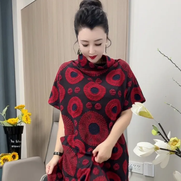 1831连衣裙短袖气质植物花卉洋气连衣裙花色春季连帽高弹力宽松
