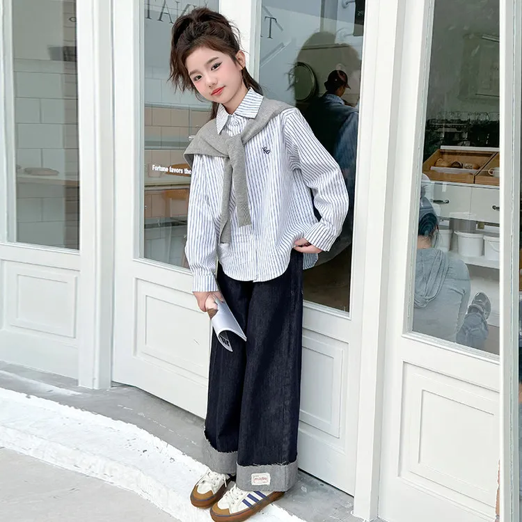 女童春季时髦炸街衬衫套装中大童学院风高级感穿搭阔腿牛仔裤子潮