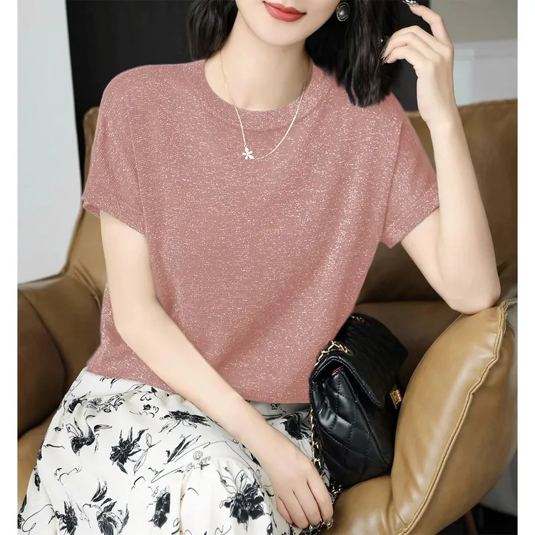 2025年夏季新款浅色系圆领纱冰丝针织衫女薄款小飞袖短袖T恤女士