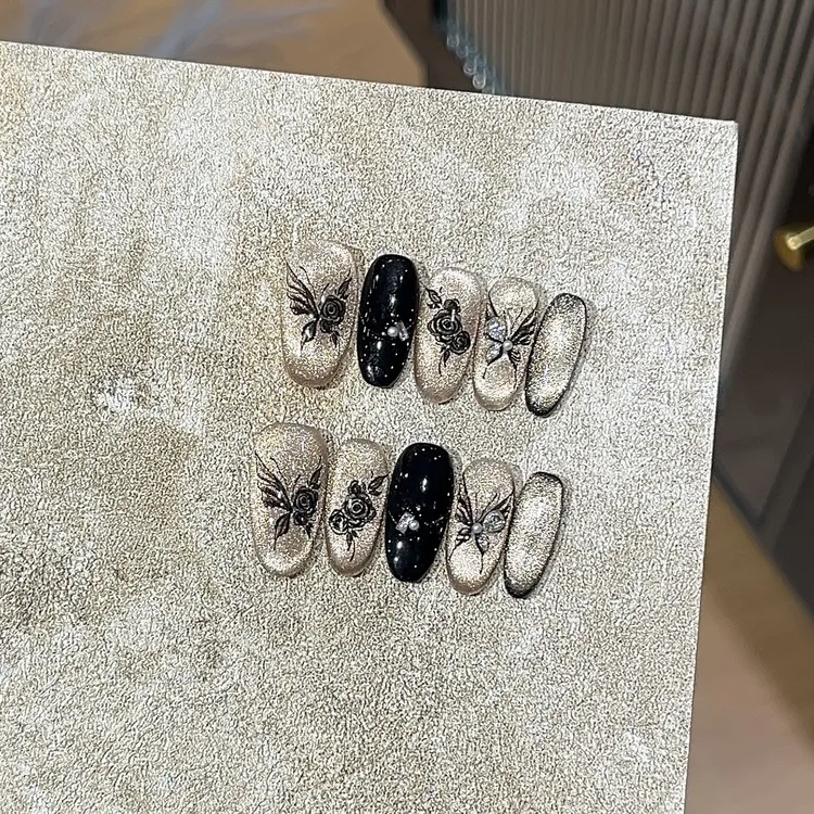 【花墨染】新中式爆闪黑金猫眼蝴蝶显白复古手工穿戴甲