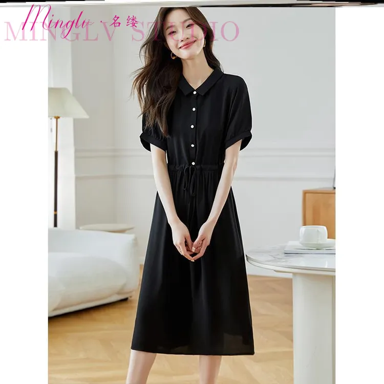 黑色翻领气质短袖连衣裙女夏季2025新款气质抽绳收腰显瘦a字裙子