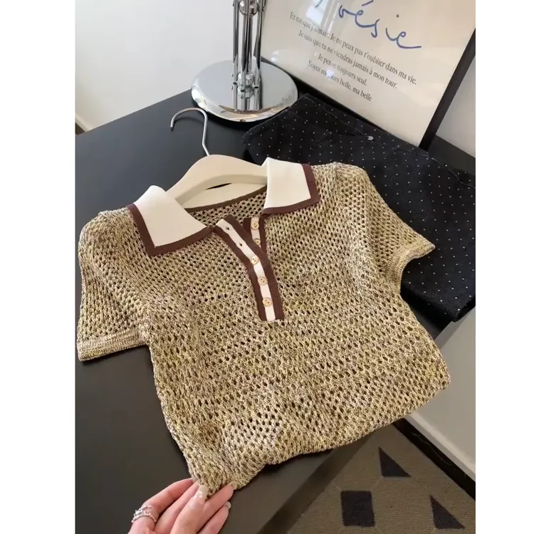 松弛感老钱风撞色短袖针织衫女2025夏季气质轻奢时尚polo领短上衣