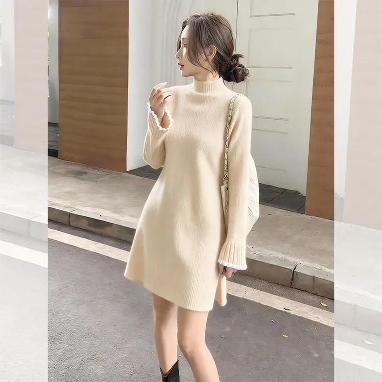 漂亮出片衣服高级感白色包臀短裙女装秋冬高贵气质高领针织连衣裙