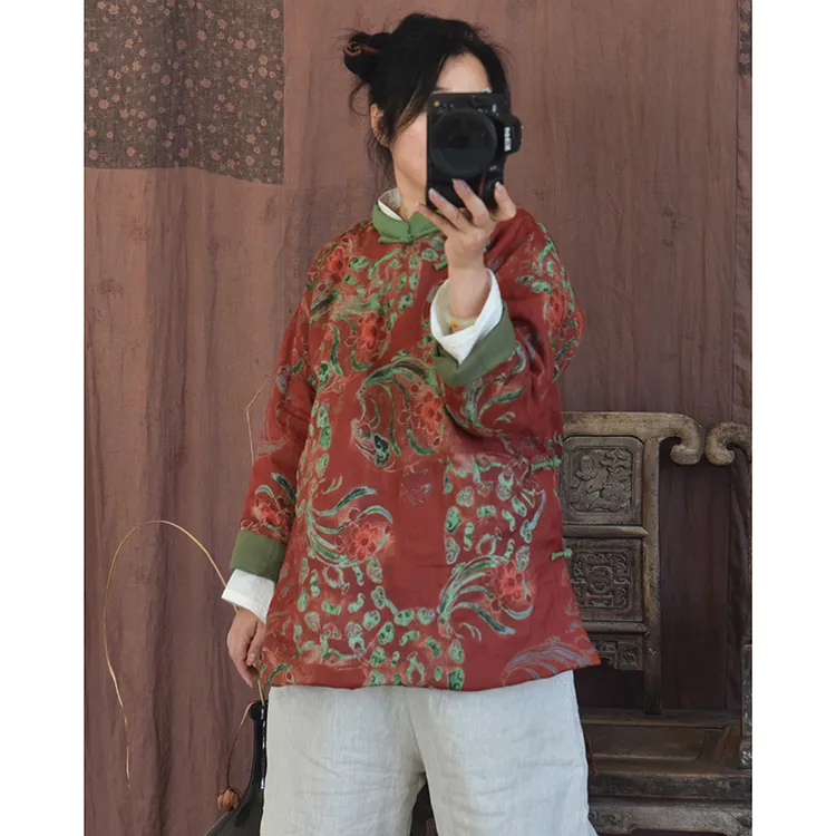 原创秋冬数码印花苎麻斜襟开衫盘扣棉服 文艺风复古夹棉棉衣提花