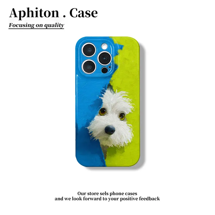 奥菲顿油画蓝绿毛绒狗适用iPhone16菲林手机壳华为vivo小米15oppo
