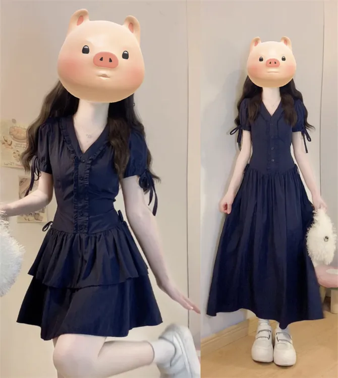 大码【夜海辰砂】蕾丝花边v领中古短袖连衣裙A字裙显瘦高腰洋气裙子