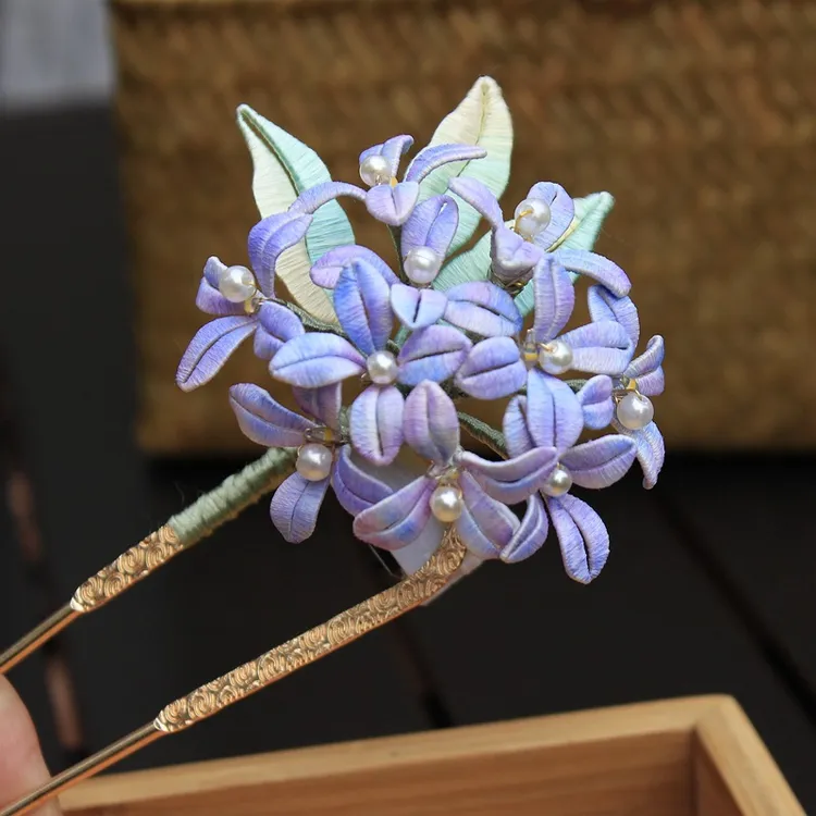 复古旗袍头花缠花绣球发簪钗 汉服头饰复古风蚕丝发光紫阳花发饰