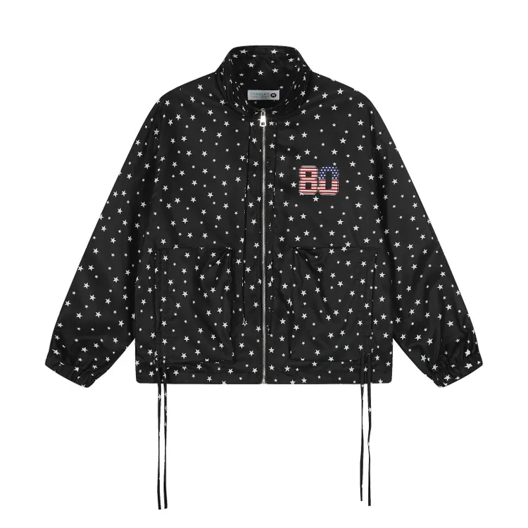 美式街头嘻哈潮流宽松运动抽绳下摆星星满印立领风衣外套拉链开衫
