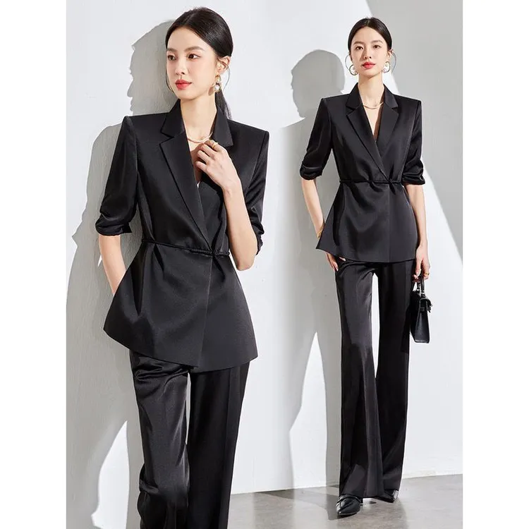 新中式国风套装夏季薄款高级醋酸黑色西服外套西装套装女2025新款