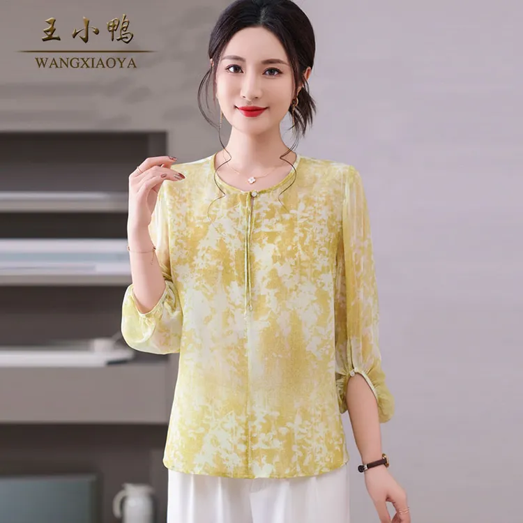 王小鸭2025夏季新款新中式印花桑蚕丝小衫冰丝短袖气质上衣妈妈装