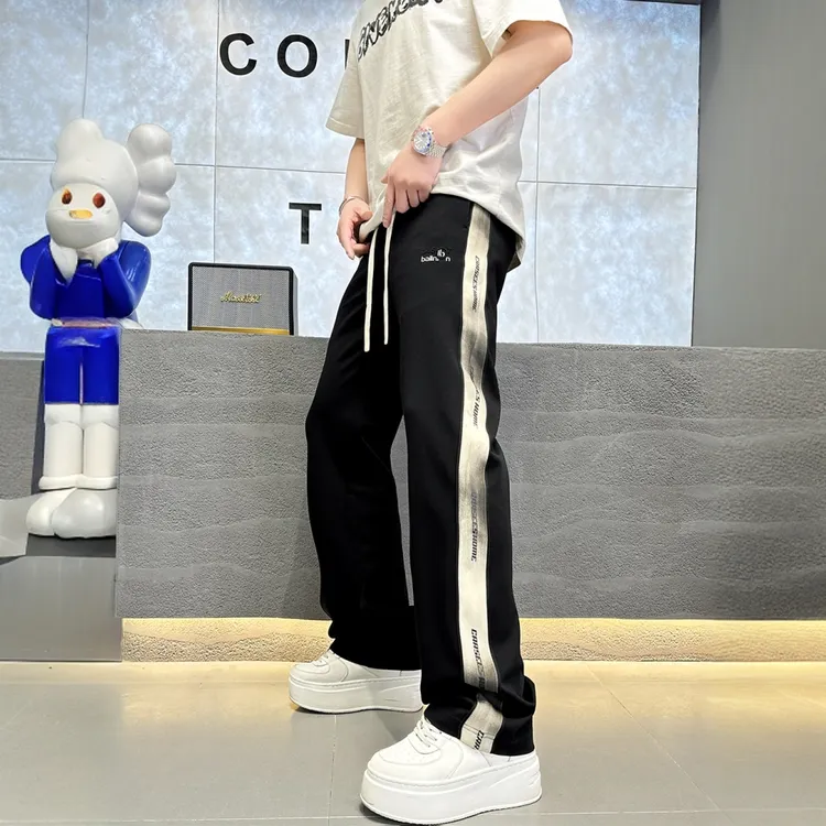 施摩瓦戈男士夏潮牌卫裤轻奢时尚侧织带直筒宽松弹力透气休闲裤男